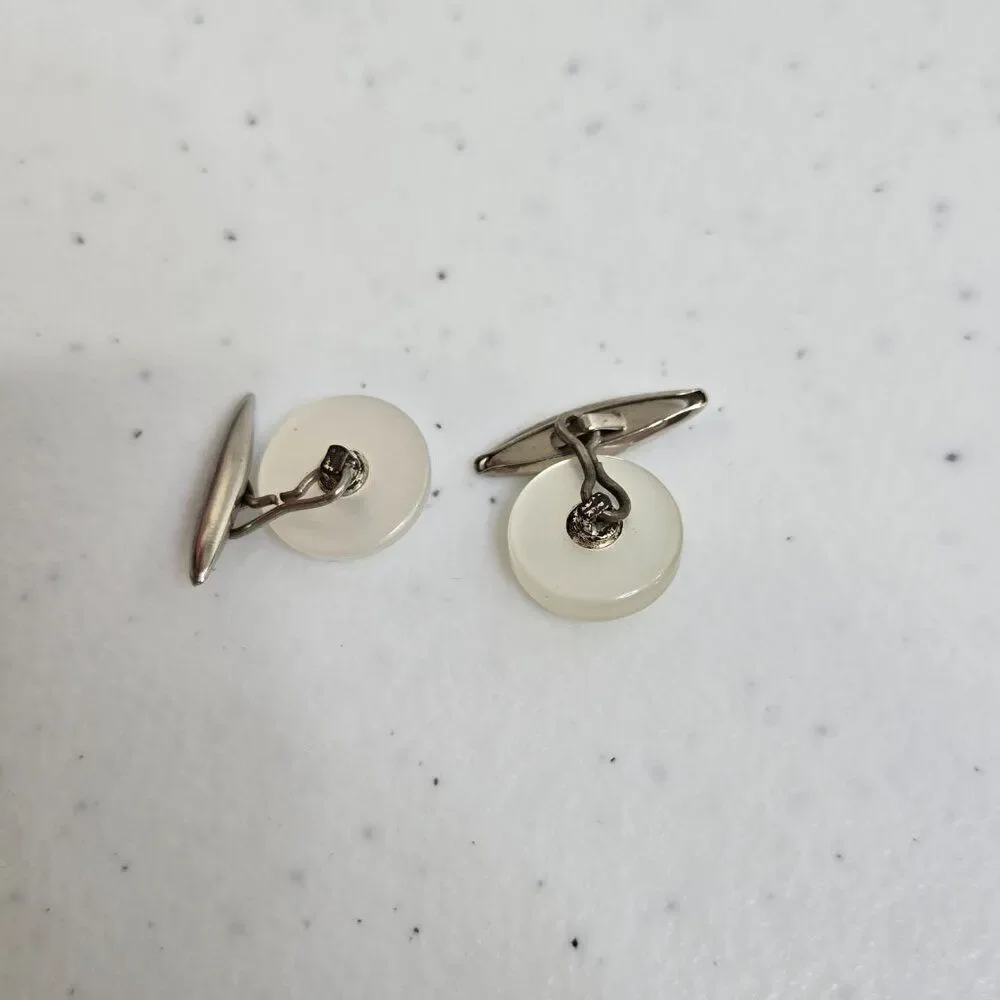 Vintage Mens Cufflinks Large Round Button Style Smooth Plastic Silver Tone White